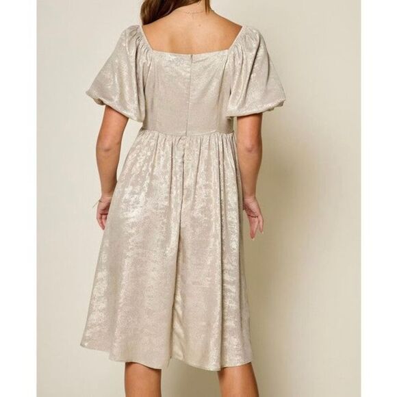 Celadon Modest Babydoll Style Puff Sleeve Champagne Flowy Dress Women's Small - Picture 2 of 12